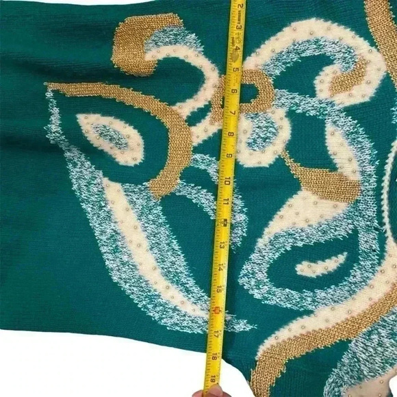 Vintage Dana Scott Teal & Gold Embellished Sweater Size Small 80s Sweater - Picture 5 of 8